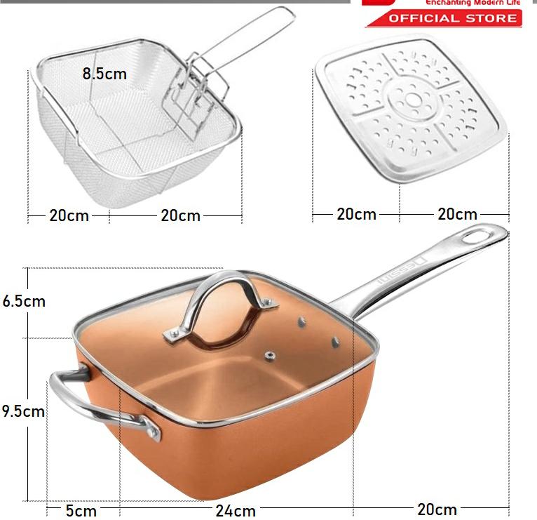 MULTI-PIncludes -11" Deep Square Casserole Pan 9.5" Deep Square Pan 11" Casserole Fry Pan Induction Cooktop 11" Tempered Glass Lid 9.5" Tempered Glass URPOSE NON STICK COPPER SQUARE CASSEROLE 4PCS PAN