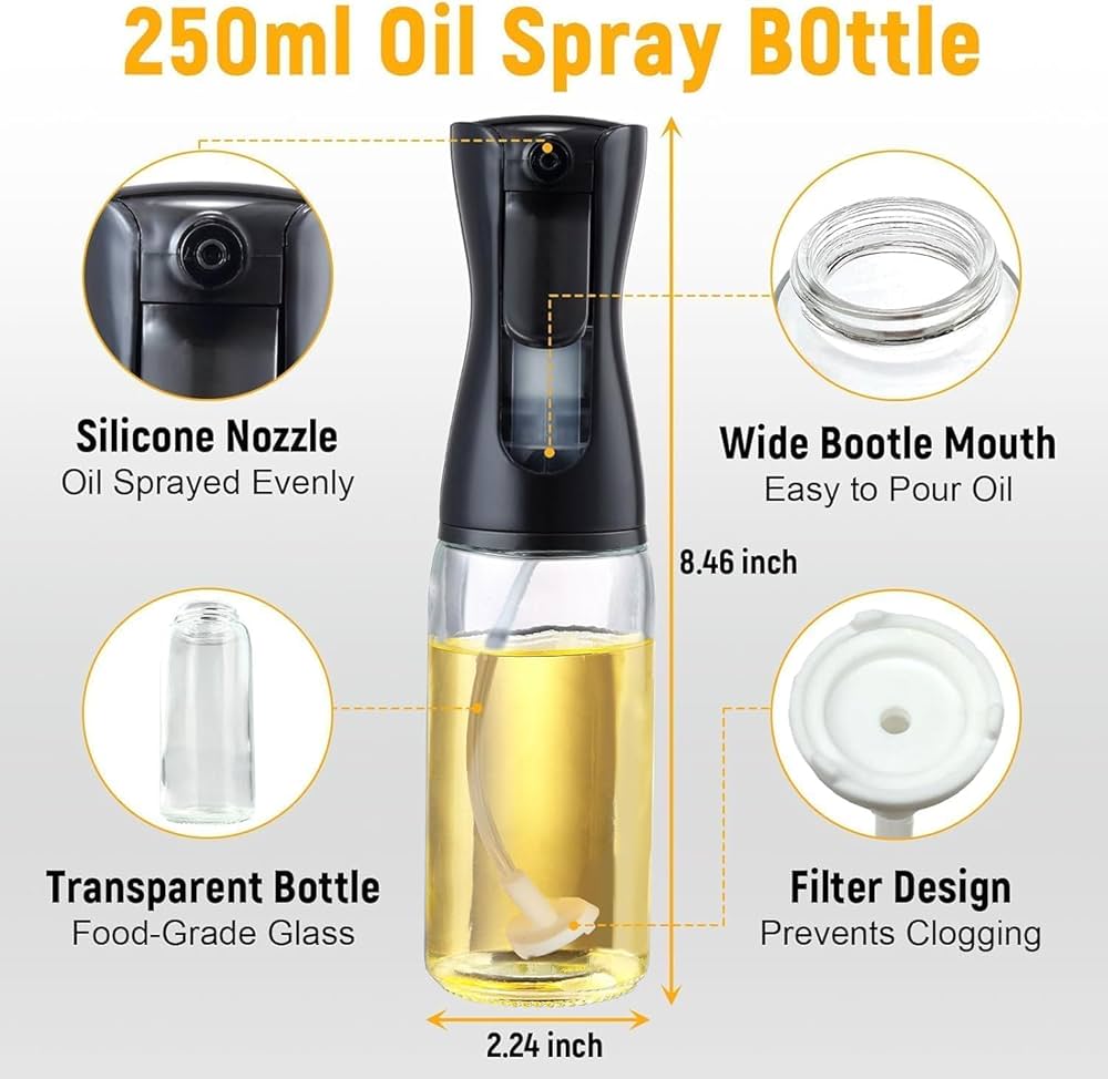240ml oil spray glass bottle now available in black and white colour,Glass Oil Sprayer - Enjoy Healthy, Easy, and Fast Cooking with Jumbo Oil and Butter Sprayer.Perfect for Frying, Roasting, etc    .