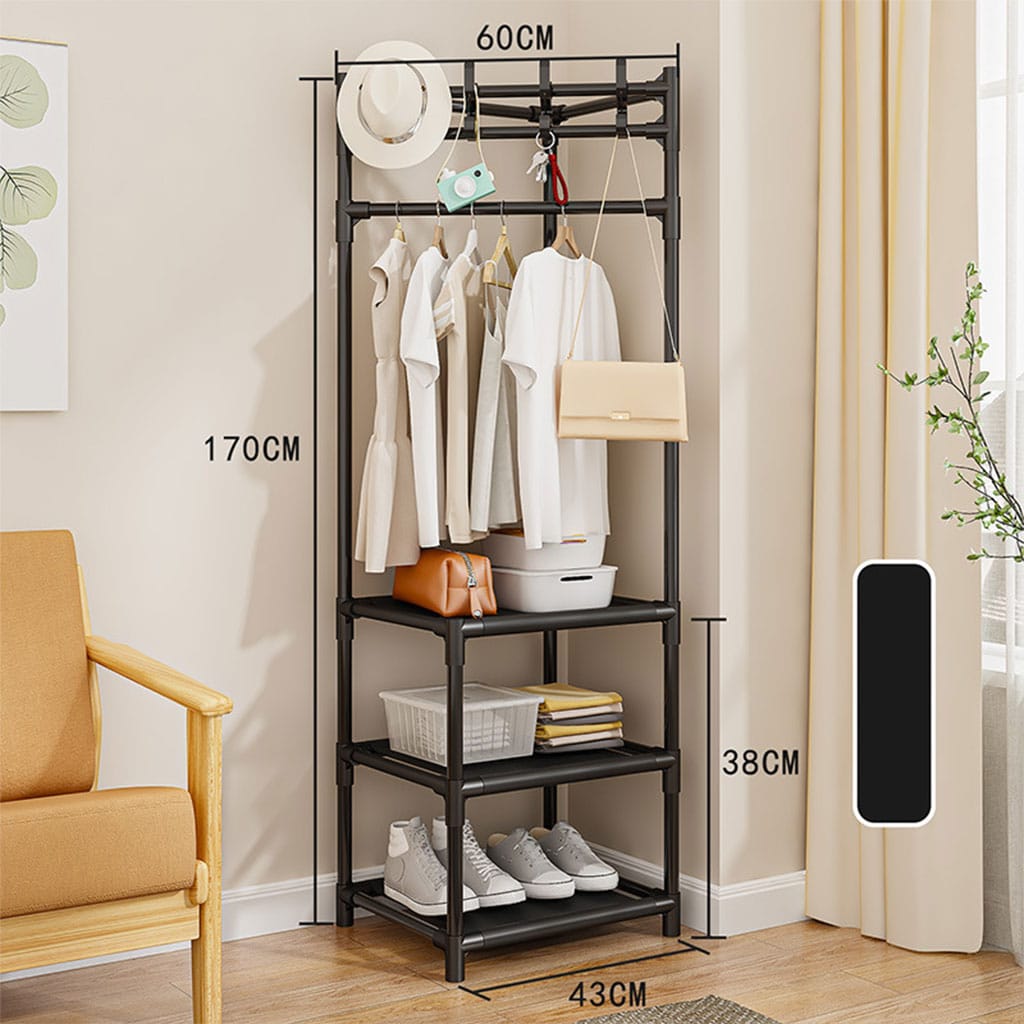 3 layer coat rack + storage,.Bedroom Diy Wardrobe Clothes Hanger Portable Clothing Rack Easy Assembled Shelf reestanding Clothes Stand for Home Office                                                 .