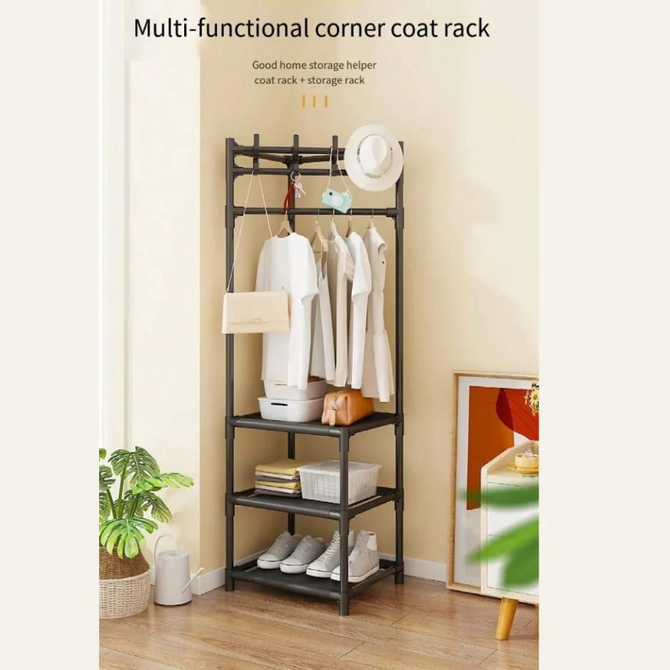 3 layer coat rack + storage,.Bedroom Diy Wardrobe Clothes Hanger Portable Clothing Rack Easy Assembled Shelf reestanding Clothes Stand for Home Office                                                 .