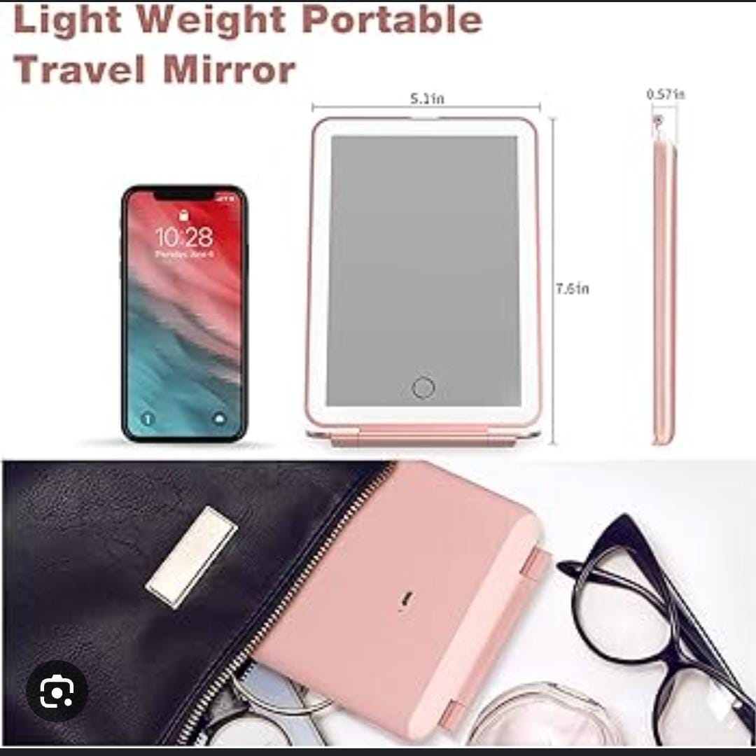 Rechargeable LED Travel Tablet Vanity Mirror available in pink or white colour . Videos have a demo  portable help  maintain your  beauty.