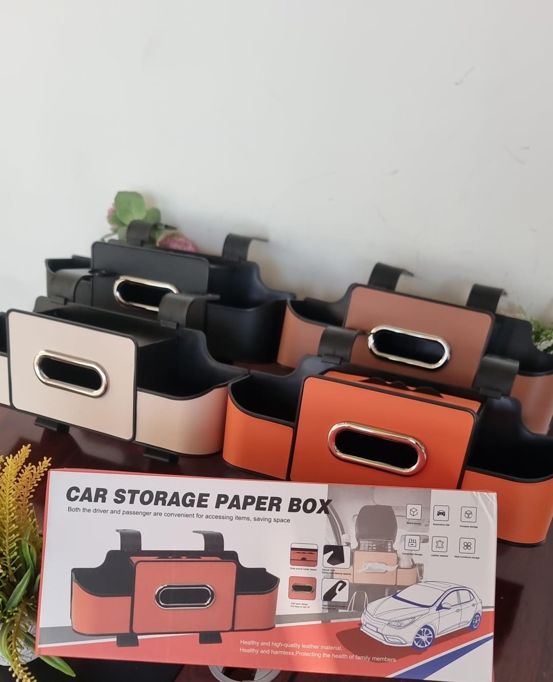 Car Backseat Organizer Car  Srorage Organizer  With Multi Compartment  Car Head Rest eather and Fabric Car Organizer with Cup Holder, Tissue Box, Mobile Phone Holders, Car Headrest, Random  colour   .