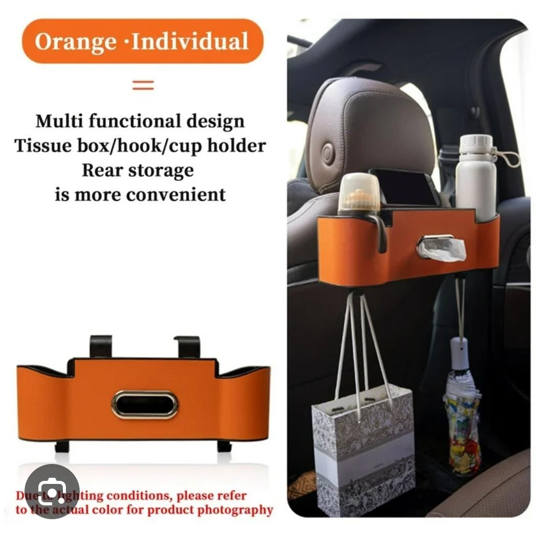 Car Backseat Organizer Car  Srorage Organizer  With Multi Compartment  Car Head Rest eather and Fabric Car Organizer with Cup Holder, Tissue Box, Mobile Phone Holders, Car Headrest, Random  colour   .