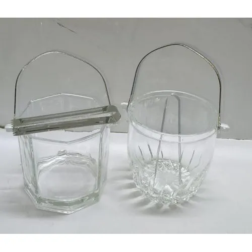 1L heavy glass ice cube bucket stainless steel handle now availablein 2 shapes  Set with Transparent Crystal Plastic Container and Stainless Steel Ice Clip for Home Bars Cocktail Parties and Wine Serv