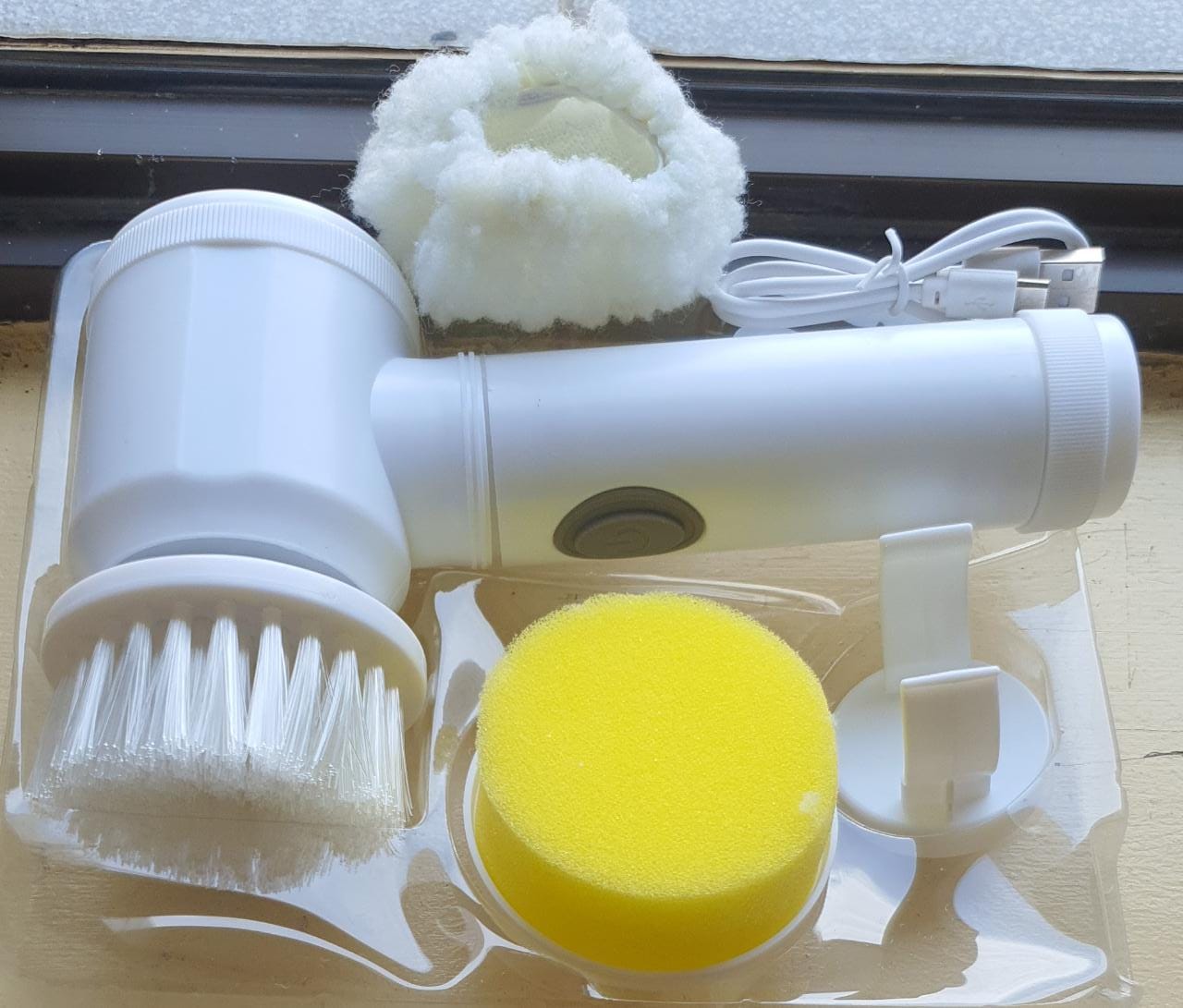 USB Rechargable magic brush with 3 option (brush, sponge & polisher) plus adhesive storage hook Brush for cleanning Tile/Sink/WASH Basin/Bath/Showers                                                  .