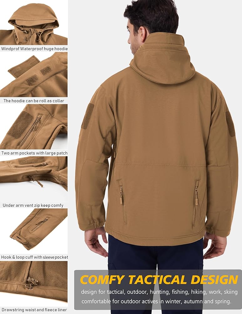 Men's Outdoor Waterproof Soft Shell Hooded Tactical Jacket Warm Fleece Military Hiking Jacket