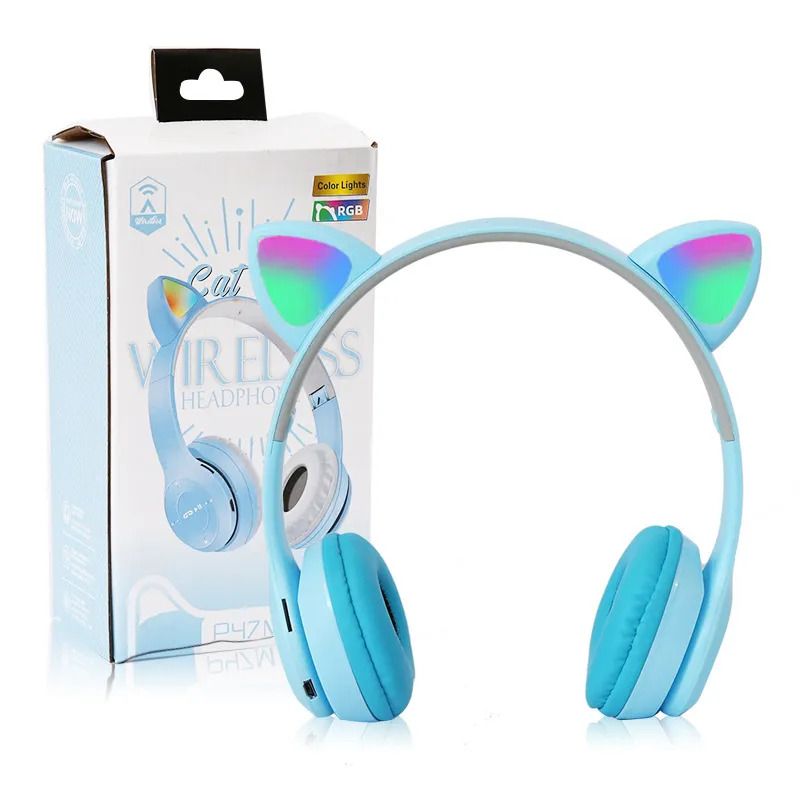 P47 Flash Lamp Cute Cat Ears Headphone Bluetooth5.0 Stereo With Support TF Card Wireless Kids Girl Earphone Birthday Gift