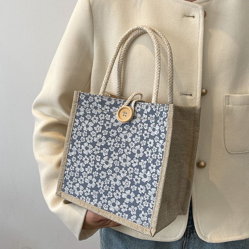 The latest fashion trend Internet celebrity hand-held linen bag female Western-style work and out hand-held lunch bag Japanese ins small shoulder bag Chinese elements Blue