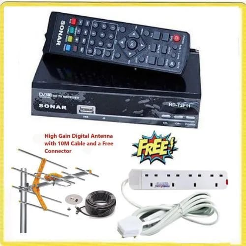Sonar HD-T2F11 digital TV decoder and a high-gain digital antenna, which are sold together as a combo pack. The decoder is a "free-to-air" type, meaning it allows access to local channels without a mo