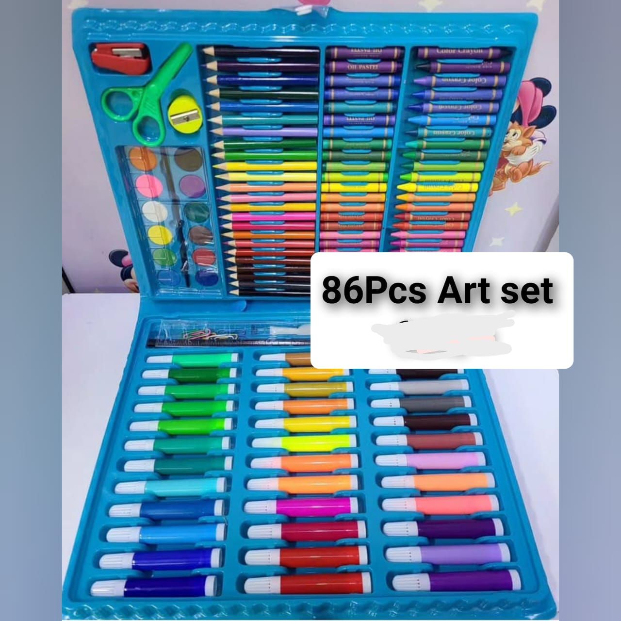 86-Piece Deluxe Art Set — your all-in-one toolkit for drawing, painting, and sketching! Packed with vibrant markers, smooth crayons, rich oil pastels, watercolors, pencils, sharpener, eraser, and scis