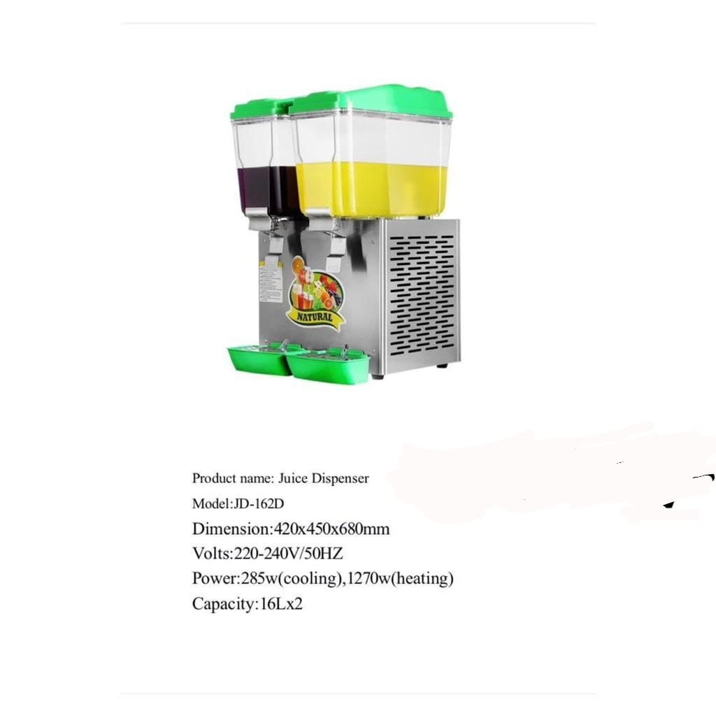 Premier Dual Juice Dispenser (Model: JD-162D) designed for commercial beverage service.     Capacity: Features two independent 16-liter tanks for a total of 32 liters. Temperature Control: Engineered