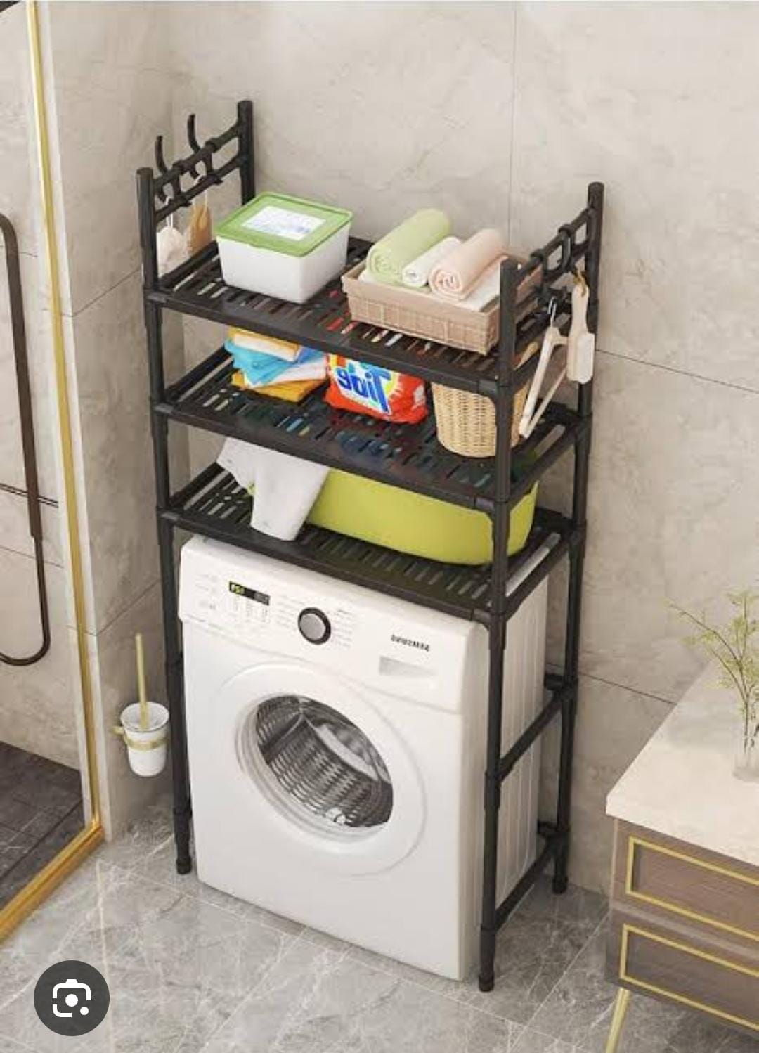 Detachable metallic 3 layer washing machine rack,laundry room storage shelves bathroom corner stand home storage organizer | bathroom  saving on space furniture storage cabinet organizer -  with hooks