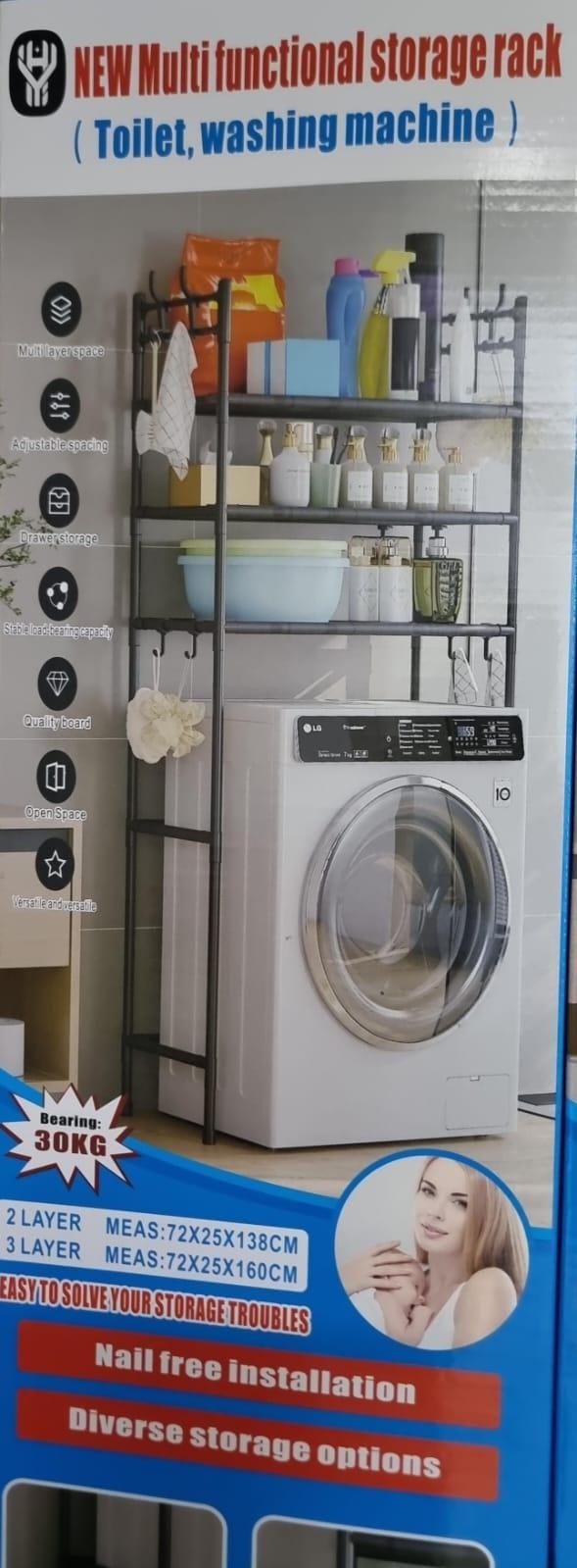 Detachable metallic 3 layer washing machine rack,laundry room storage shelves bathroom corner stand home storage organizer | bathroom  saving on space furniture storage cabinet organizer -  with hooks