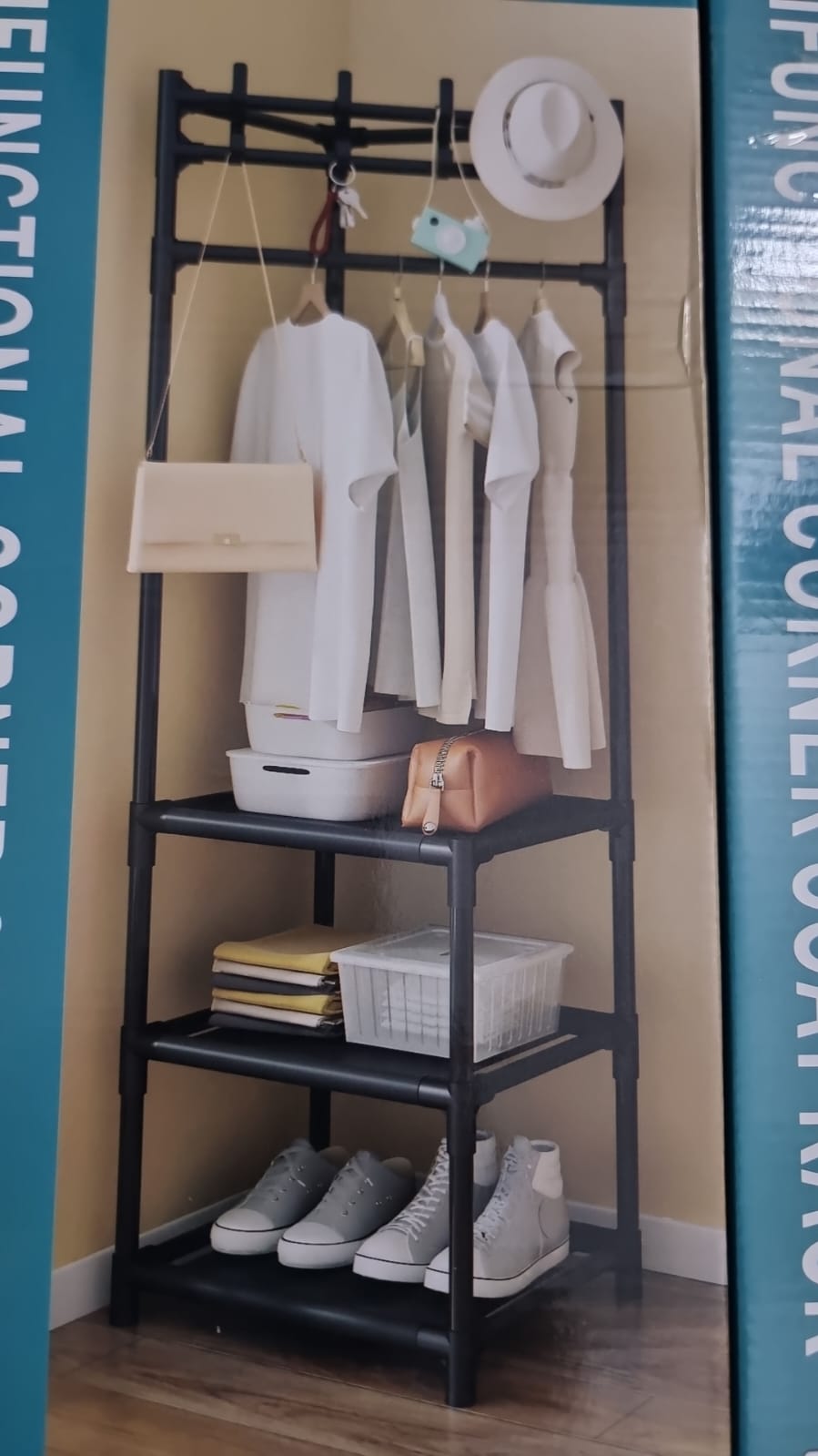 3 layer coat rack + storage.Exquisite Clothes Rail Rack Corner Hall Tree Entryway Coat Rack with 2/3 Shelves Freestanding Clothes Rack Shoes Shelf Organizer for Home Office Bedroom/Svart/3 Shelves   .