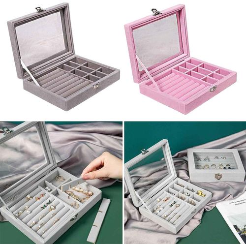 velvet jewelry organizer box ,9 Grids Velvet Glass Ring Jewelery Display Storage Box Tray Case Holder Earring Organizer Stand(Grey), alloy for assurerance of your jewellry safety                     .