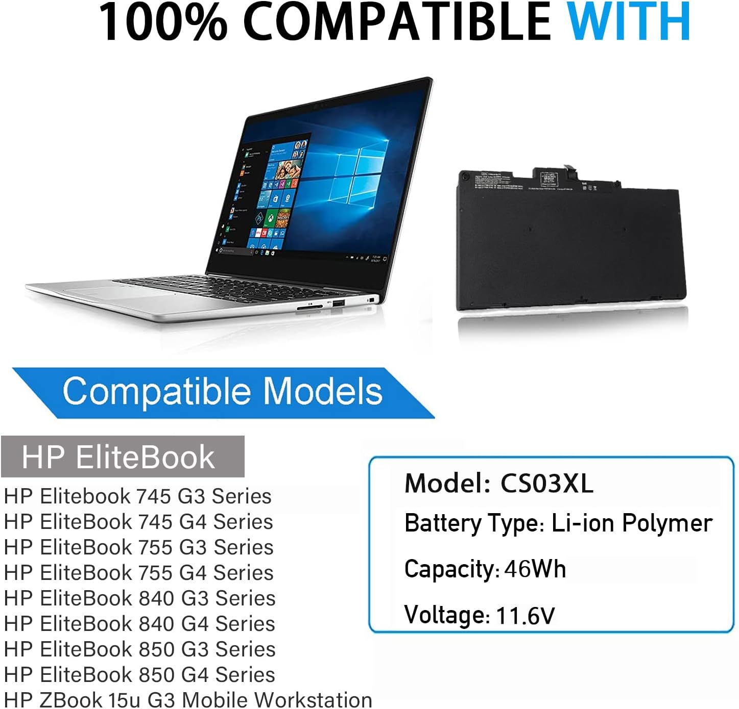 HP EliteBook 850 G4  Series Laptop Battery for HP CS03XL 800513-001 745 755 850 848 840 ZBook 15u G3 G4 HSTNN-IB6Y HSTNN-UB6S HSTNN-I33C-4 800231-1C1 800231-141 CS03046XL