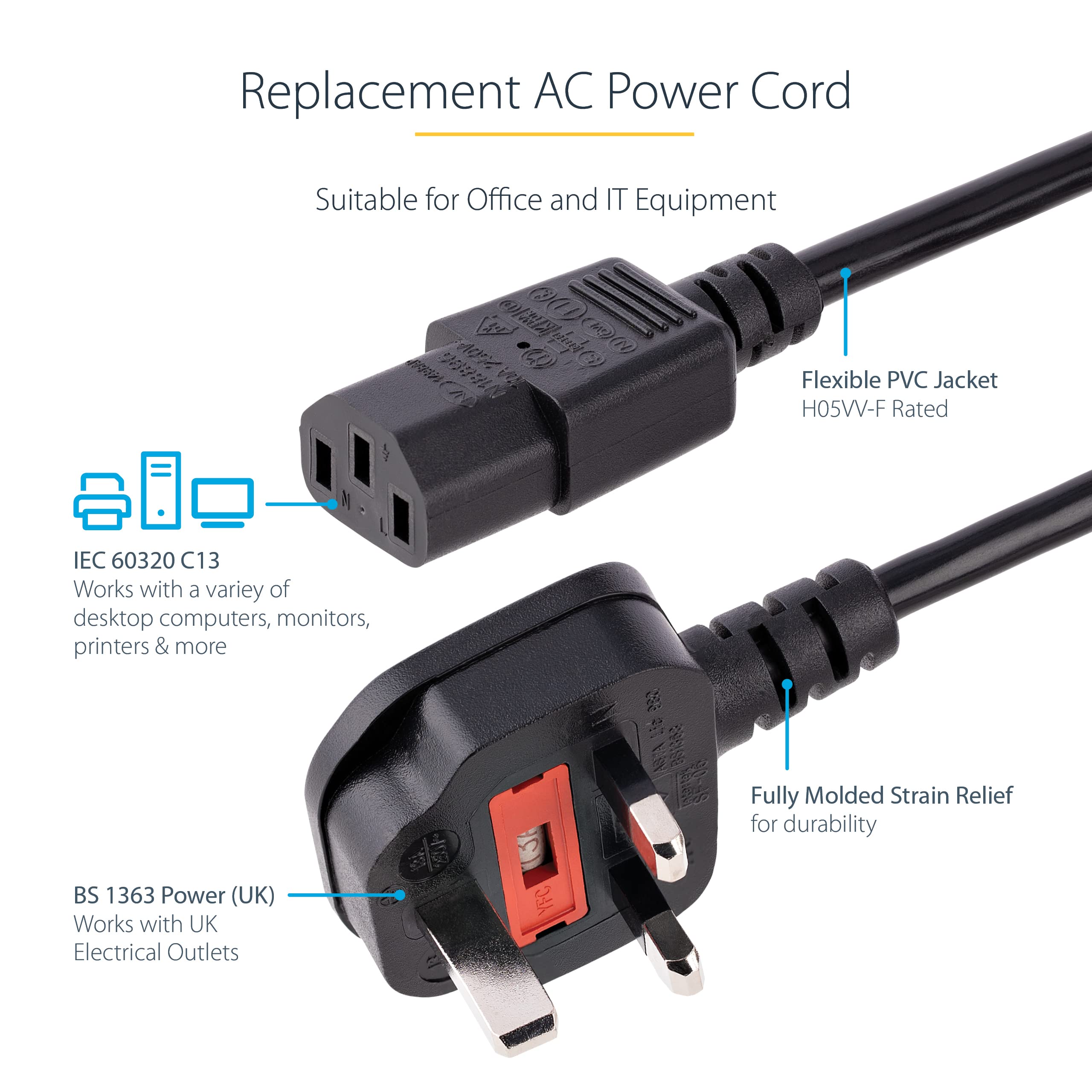 Replacement - UK Computer Power Cable – 18AWG, BS 1363 to C13, 10A 250V | Replacement AC Kettle Lead for PC, TV, Monitor, Printer, Desktopcomputer, CPU, Speakers, Dispenser etc