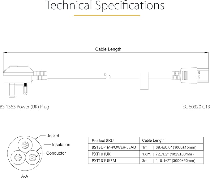 Replacement - UK Computer Power Cable – 18AWG, BS 1363 to C13, 10A 250V | Replacement AC Kettle Lead for PC, TV, Monitor, Printer, Desktopcomputer, CPU, Speakers, Dispenser etc