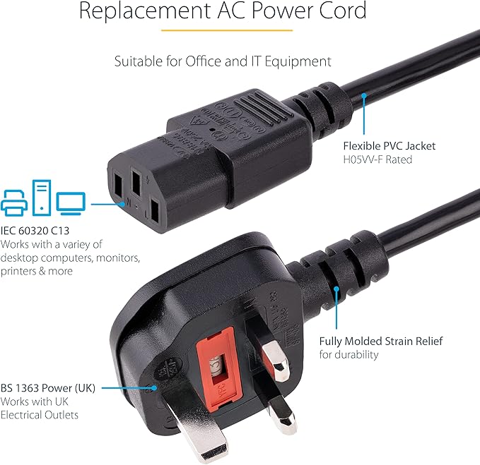Replacement - UK Computer Power Cable – 18AWG, BS 1363 to C13, 10A 250V | Replacement AC Kettle Lead for PC, TV, Monitor, Printer, Desktopcomputer, CPU, Speakers, Dispenser etc