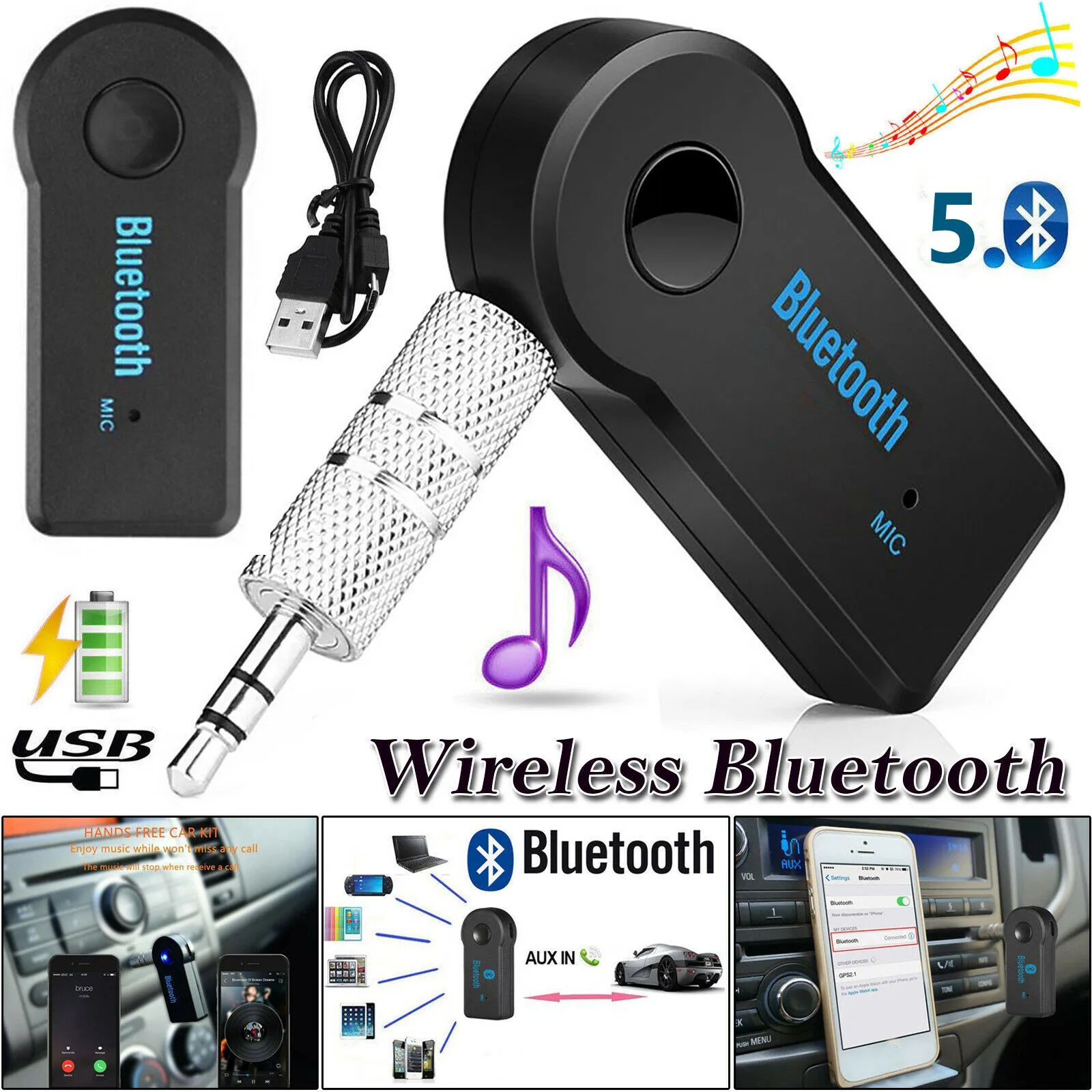 Bluetooth 5.0 2 in 1 Wireless Receiver Adapter 3.5mm Jack For Car Music Audio Aux A2dp Headphone Reciever Handsfree