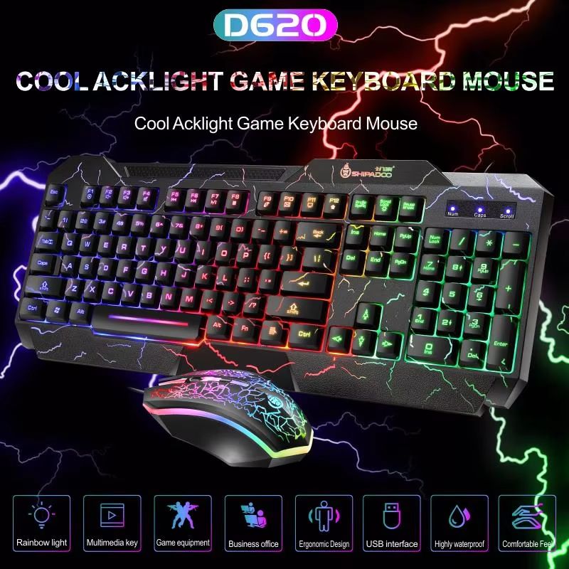 2-IN-1 Office Gaming Keyboard & Mouse Set Black Crackle Waterproof Three-color Rgb Backlit 104-key Mechanical Sense Computer Keyboard
