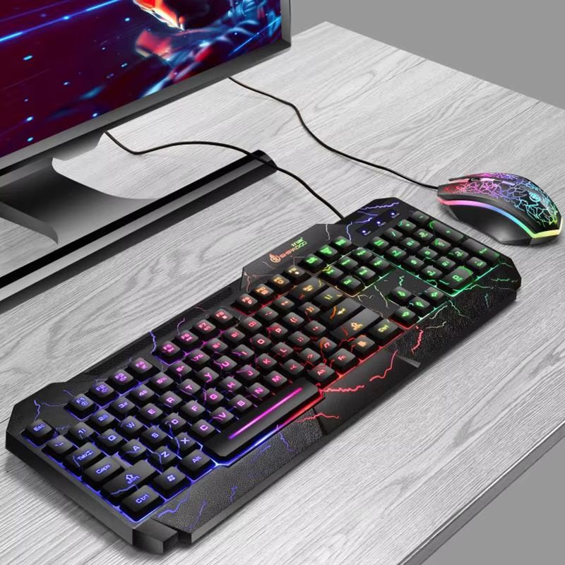 2-IN-1 Office Gaming Keyboard & Mouse Set Black Crackle Waterproof Three-color Rgb Backlit 104-key Mechanical Sense Computer Keyboard