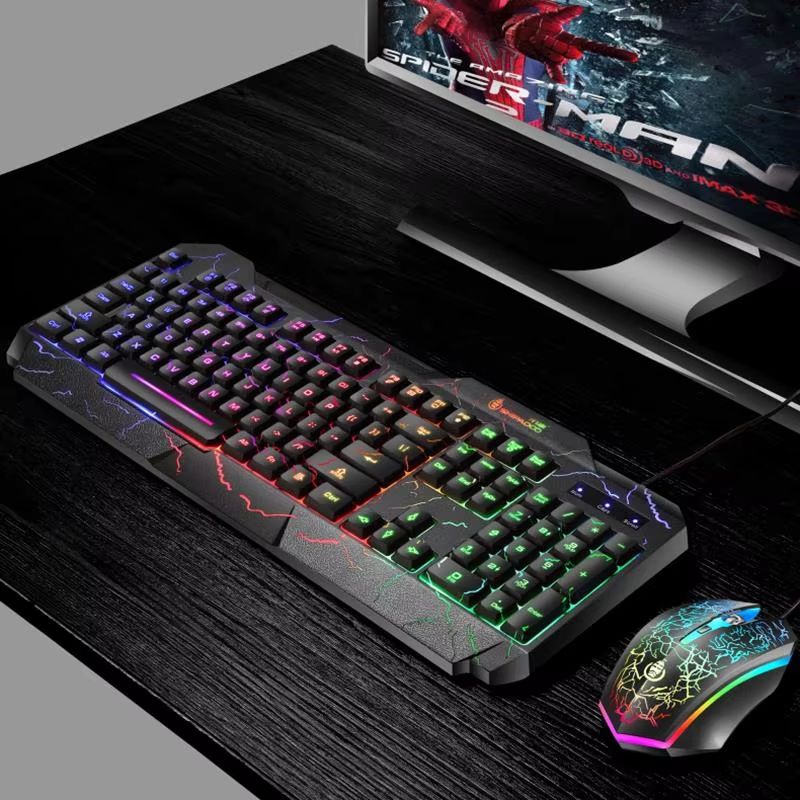 2-IN-1 Office Gaming Keyboard & Mouse Set Black Crackle Waterproof Three-color Rgb Backlit 104-key Mechanical Sense Computer Keyboard