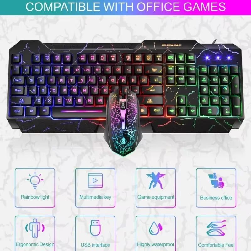 2-IN-1 Office Gaming Keyboard & Mouse Set Black Crackle Waterproof Three-color Rgb Backlit 104-key Mechanical Sense Computer Keyboard