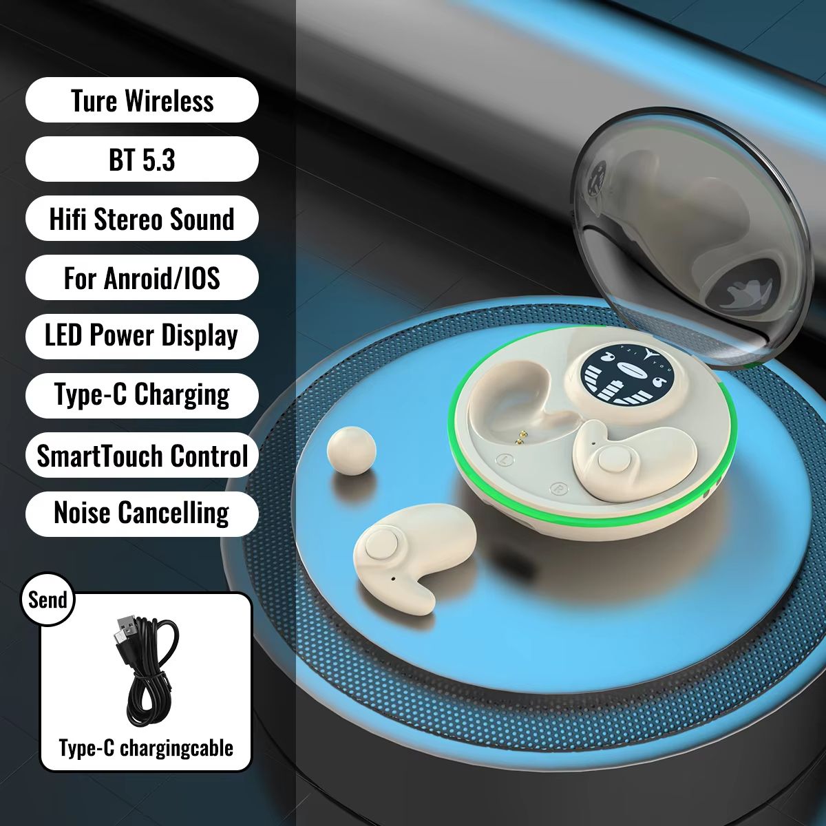 Invisible Sleep Wireless Bluetooth Earphones, Sleeping Earbuds for Side Sleepers Built-in Mic, with Type-C Fast Charging Case Sports Waterproof in-Ear Earbuds