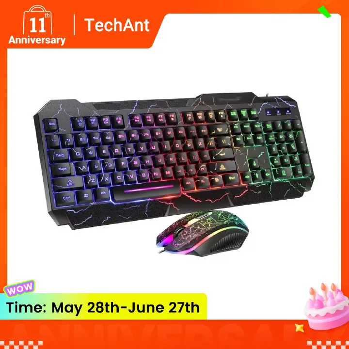2-IN-1 Office Gaming Keyboard & Mouse Set Black Crackle Waterproof Three-color Rgb Backlit 104-key Mechanical Sense Computer Keyboard