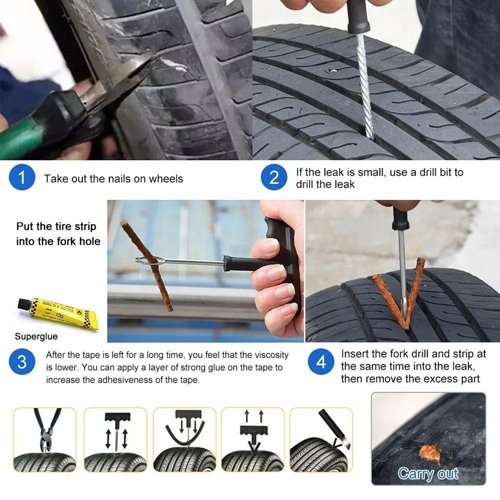 Tire Repair Tools Kit with Rubber Strips Tubeless Tyre Puncture Studding Plug Set Auto Motorcycle Bike Garage Repair Tools