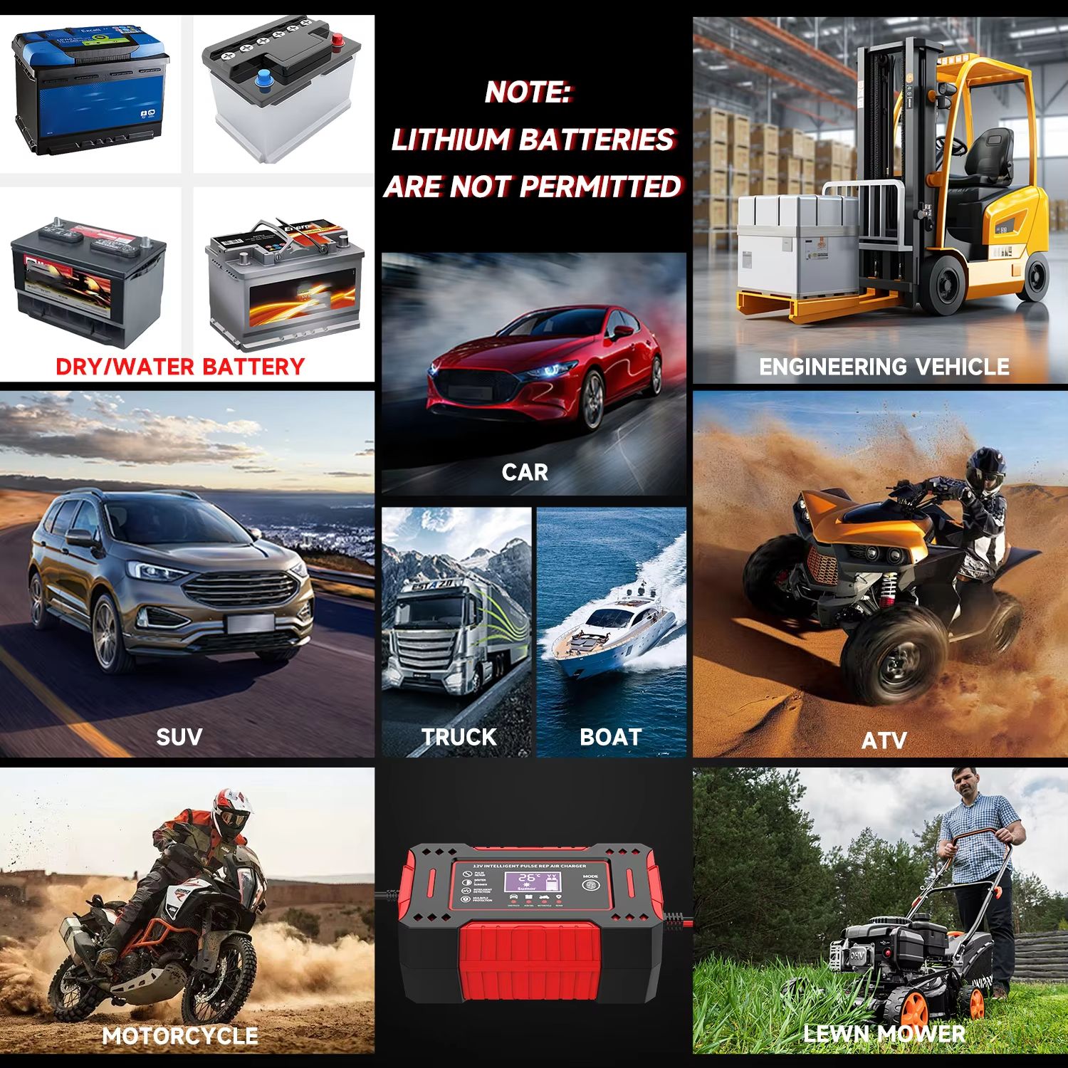 6A 12V Intelligent Car Battery Charger Pulse Repair LCD Display Motorcycle Battery Charging Lead-Acid Battery Repair Charger