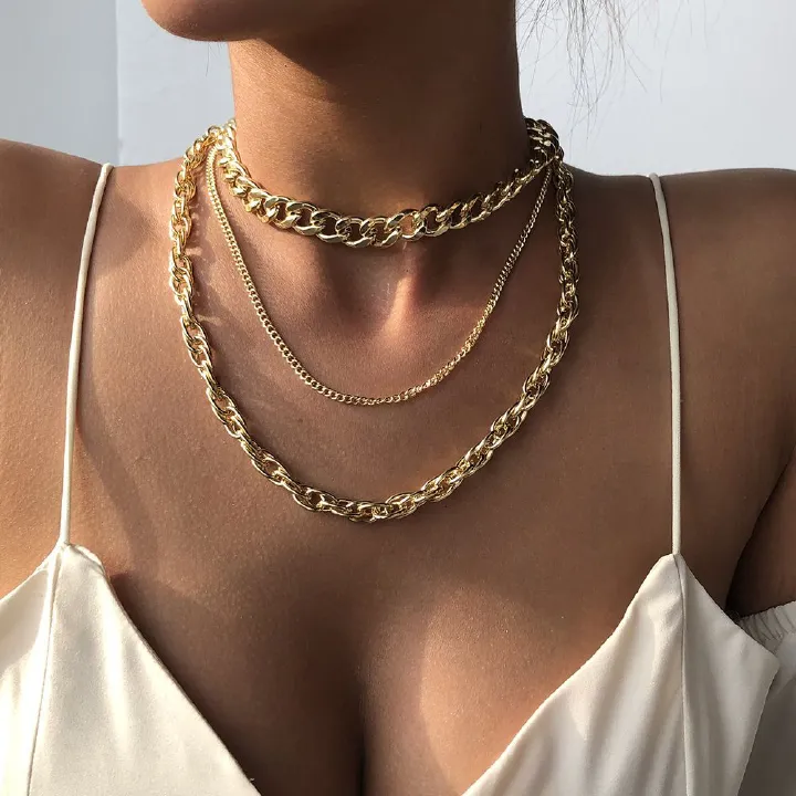 ZHJH 3Pcs Women's Necklace 3-layer Fashion Multi layer Metal Necklace Clavicle Chain Women's Jewelry