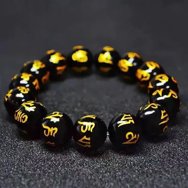 ZHJH 14mm Good Luck Bracelet Bold version Universal Durable Colorful Imitation Gold Mysterious Symbol Blessing Lucky Jewelry Becoming Good Luck Art Design Bohemian Style Couple Bracelet 12mm Gold and Black