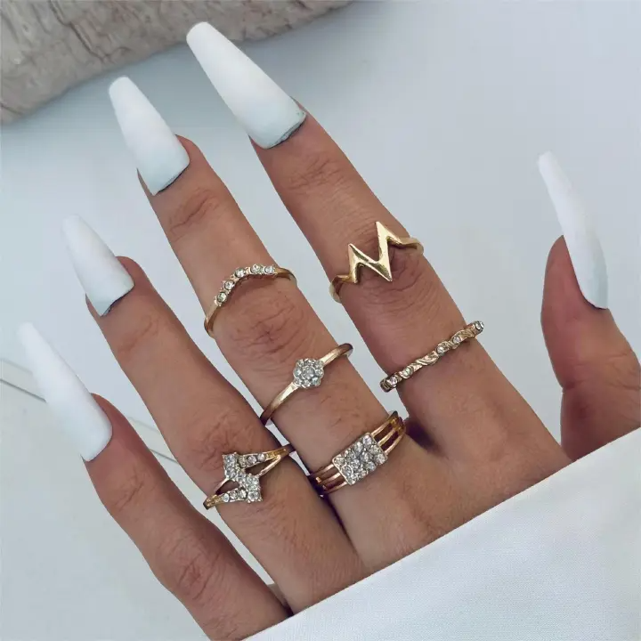 ZHJH 6pcs rings for girls, diamond geometric style, minimalist style, gold electrocardiogram style, inlaid with diamonds, women's daily wear, gift giving, props, etc Gold,One Size