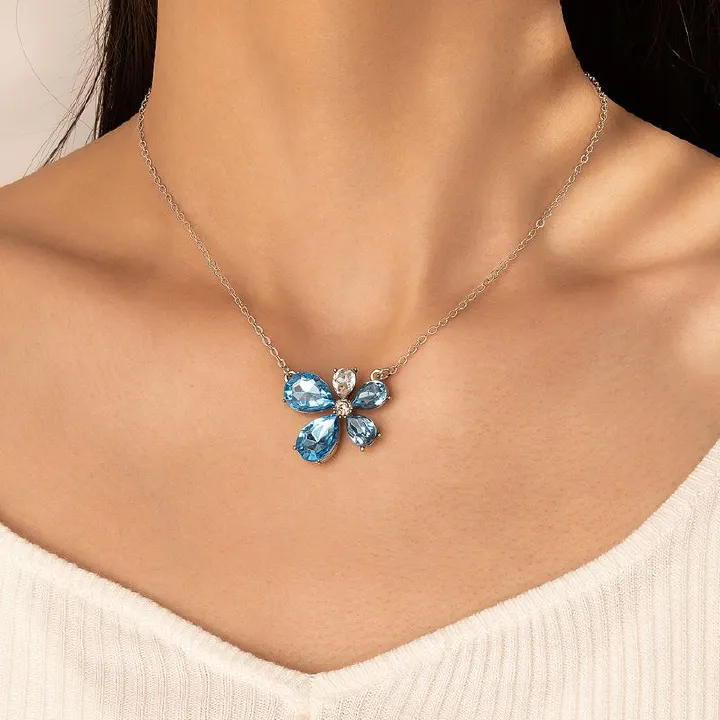 ZHJH Necklace London Blue Topaz Gemstone Zirconia Flower Pendant Crafted with Heavy Craftsmanship to Symbolize Romance, Perfect Gift Selection for Christmas, Parties, Weddings, Birthdays, Mother's Day Aquamarine