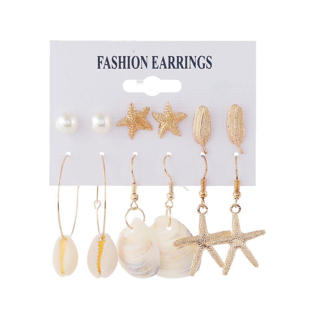 ZHJH 6 Pairs Boho Holiday Style Gold Plated Drop Starfish Leaf Shell Big Circle Women Hoop Earrings as shown in illustration