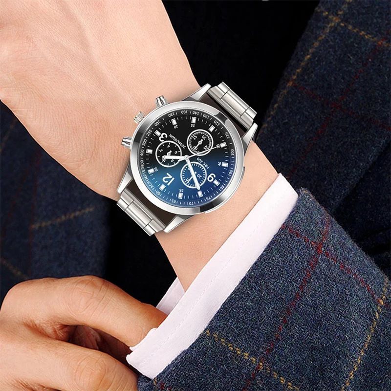 ZHJH Men's Large Dial Watch Metal Bracelet Set Men's Metal Strap Wristwatch Men's Quartz Watch Silver Watch Set