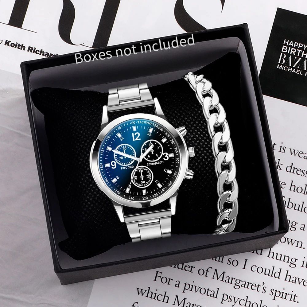 ZHJH Men's Large Dial Watch Metal Bracelet Set Men's Metal Strap Wristwatch Men's Quartz Watch Silver Watch Set