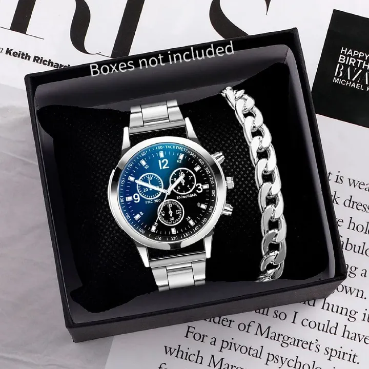 ZHJH Men's Large Dial Watch Metal Bracelet Set Men's Metal Strap Wristwatch Men's Quartz Watch Silver Watch Set