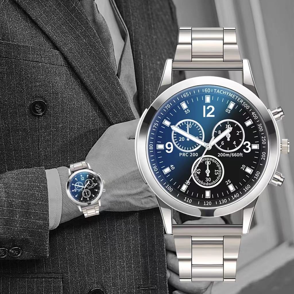 ZHJH Men's Large Dial Watch Metal Bracelet Set Men's Metal Strap Wristwatch Men's Quartz Watch Silver Watch Set