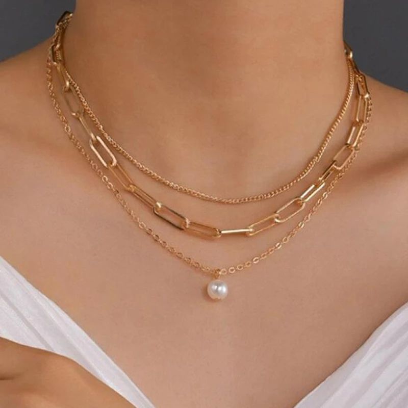 ZHJH 3-layer Women's Necklace Pearl Pendant Necklace Ring Necklace Women's Collarbone Chain Gold Women's Necklace