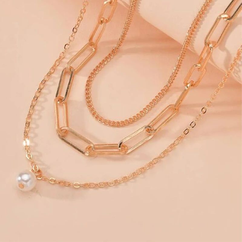 ZHJH 3-layer Women's Necklace Pearl Pendant Necklace Ring Necklace Women's Collarbone Chain Gold Women's Necklace