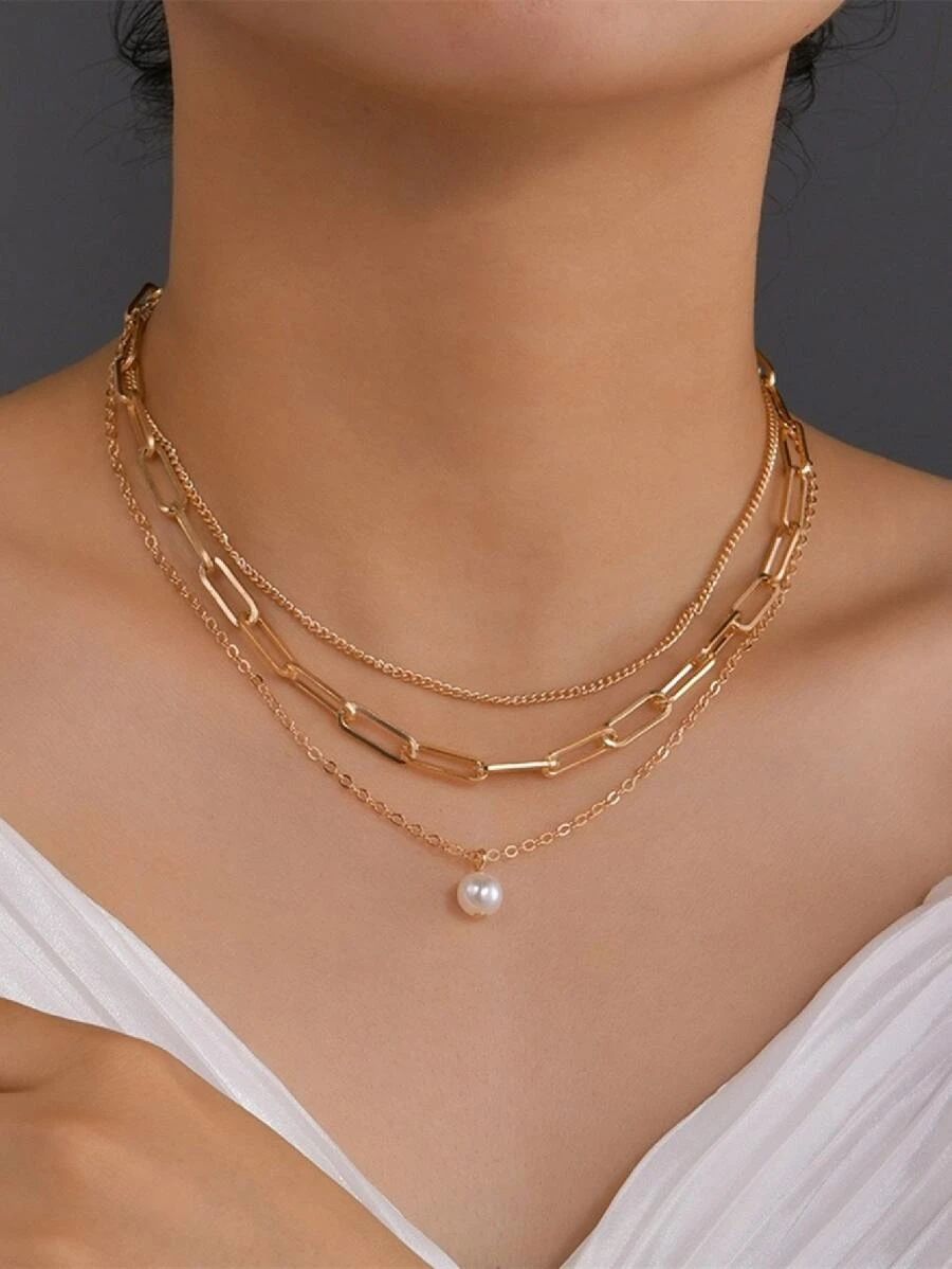 ZHJH 3-layer Women's Necklace Pearl Pendant Necklace Ring Necklace Women's Collarbone Chain Gold Women's Necklace