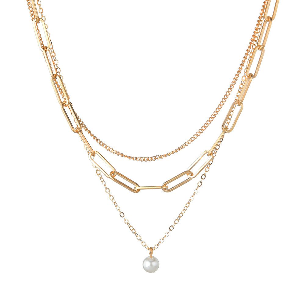 ZHJH 3-layer Women's Necklace Pearl Pendant Necklace Ring Necklace Women's Collarbone Chain Gold Women's Necklace