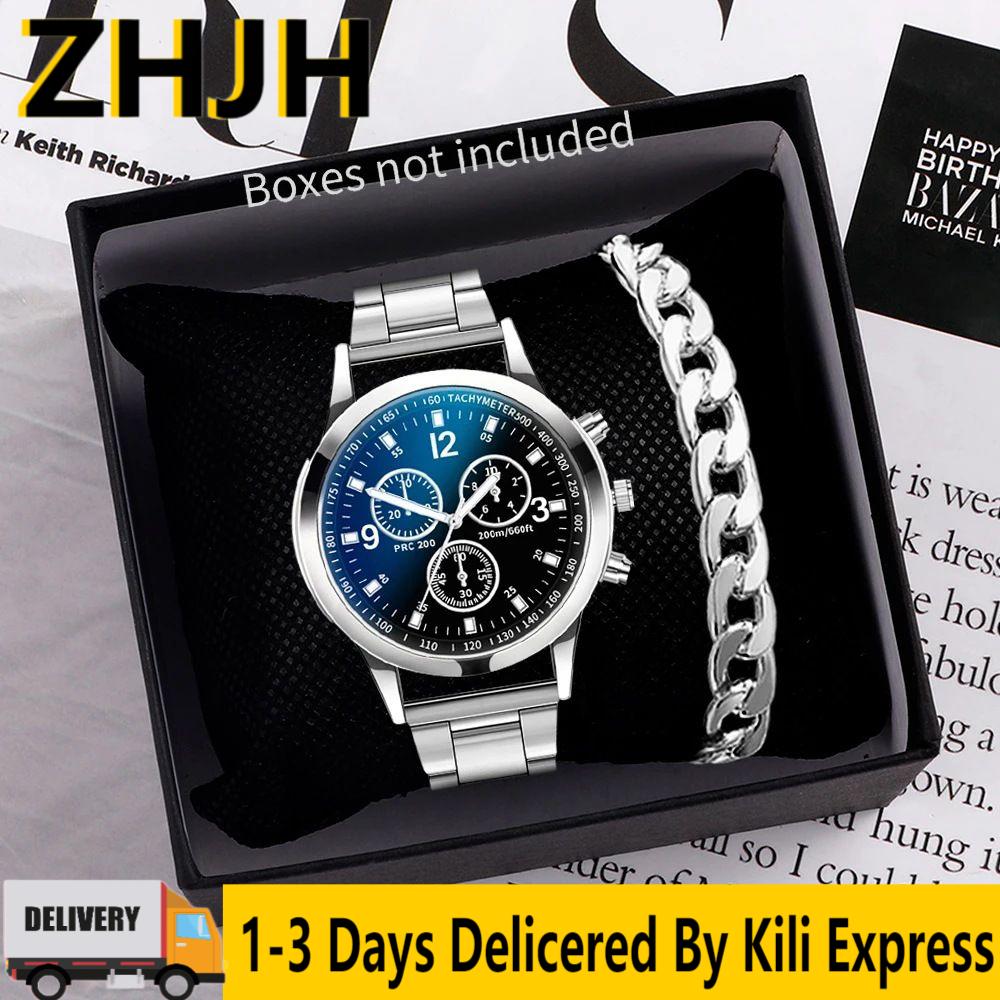 ZHJH Men's Large Dial Watch Metal Bracelet Set Men's Metal Strap Wristwatch Men's Quartz Watch Silver Watch Set