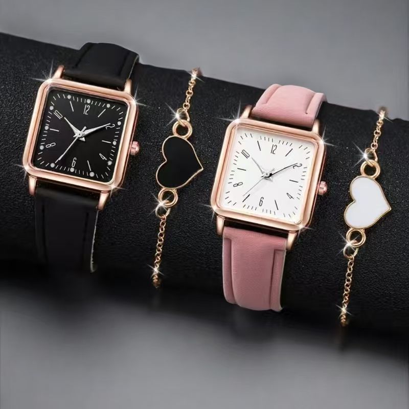 ZHJH 4pcs Couple Watch Couple Bracelet Couple Square Wristwatch Couple Love Bracelet Black and Pink Couple Quartz Watch As shown in the figure
