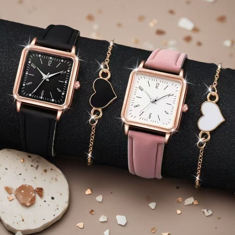 ZHJH 4pcs Couple Watch Couple Bracelet Couple Square Wristwatch Couple Love Bracelet Black and Pink Couple Quartz Watch