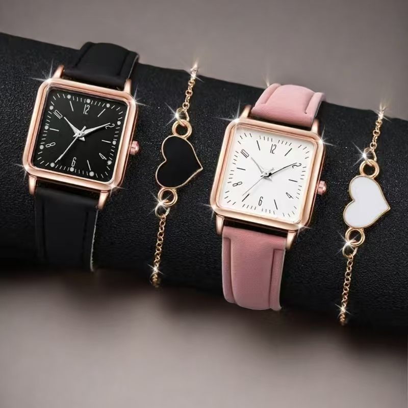 ZHJH 4pcs Couple Watch Couple Bracelet Couple Square Wristwatch Couple Love Bracelet Black and Pink Couple Quartz Watch