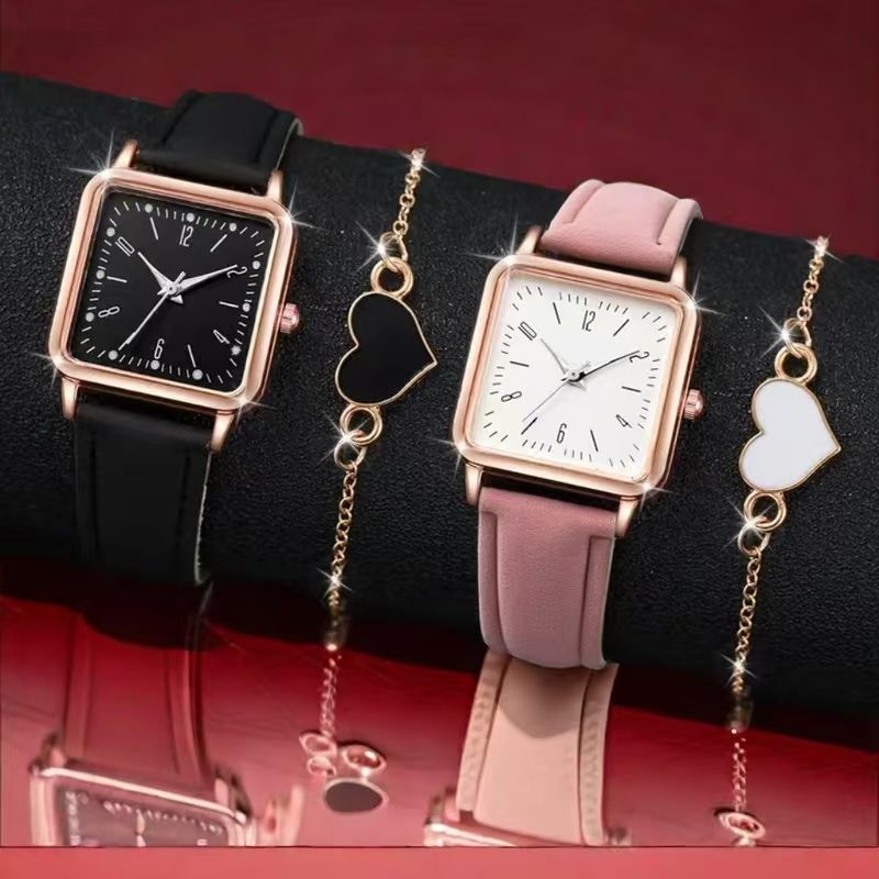 ZHJH 4pcs set bracelet for couple women's watches High Quality Fashion beautiful minimalist square PU leather strap As shown in the figure